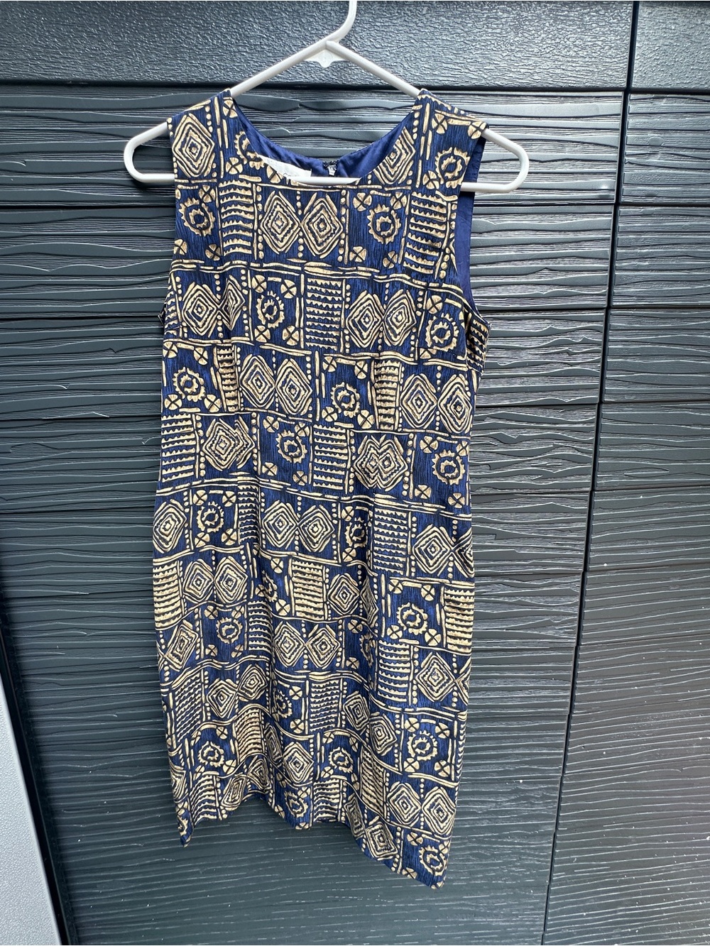 Vintage Casual Corner Petite 100% Silk Geometric Sheath Dress 4P Navy Tan